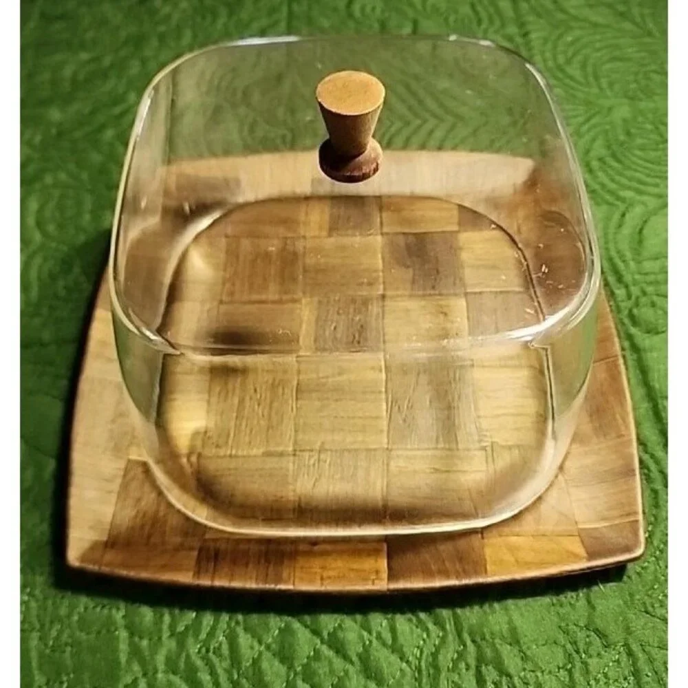 Vintage Weavewood Cheese‎ Tray With Clear Lucite Dome Lid MCM Kitchen Decor USA
